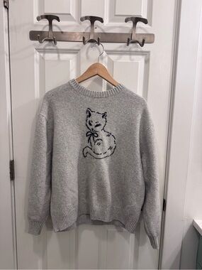 Grey Sweater with Black Cat Motif